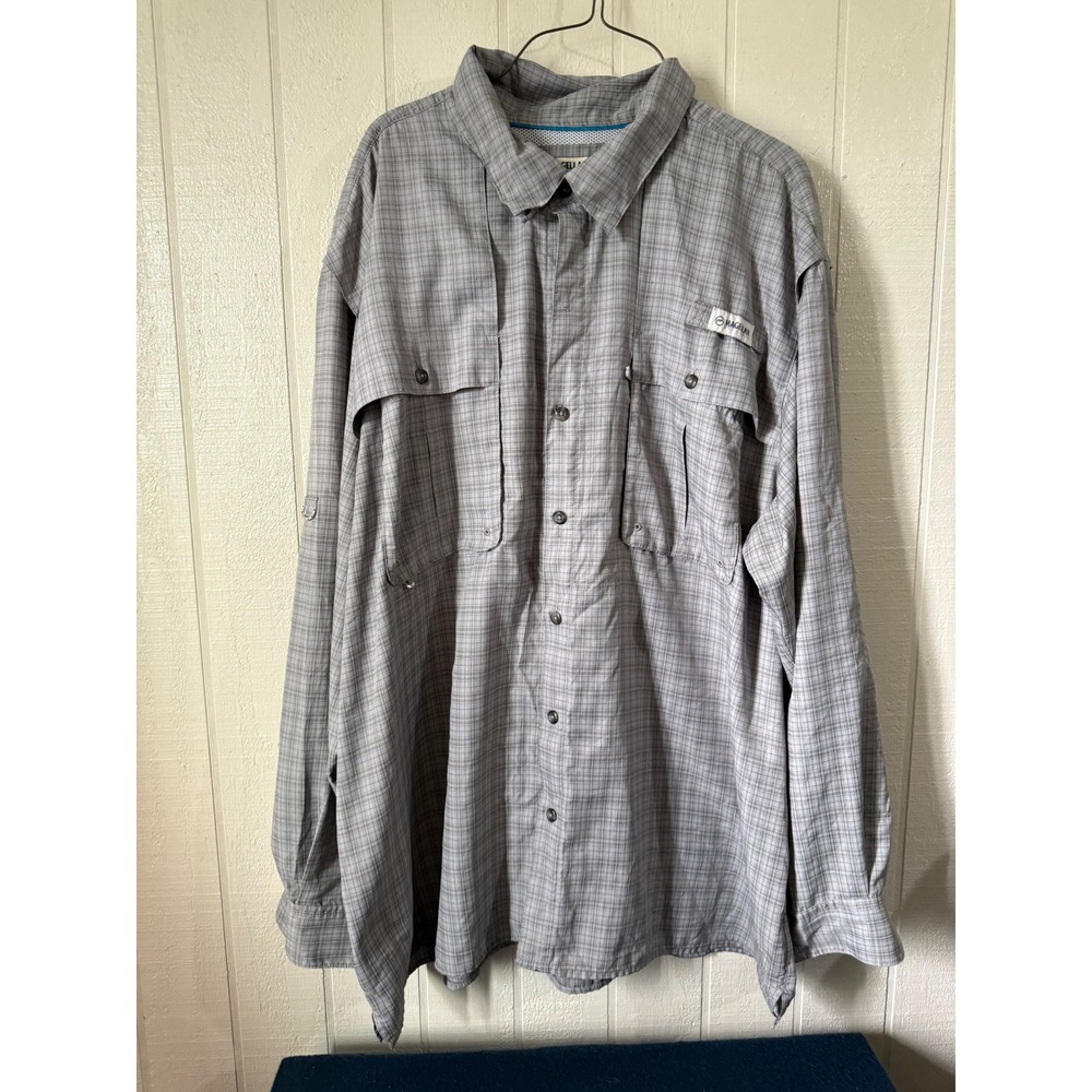Magellan Outdoors Fish Gear Mens 2XL Gray Plaid Long Sleeve Fishing Shirt Vent